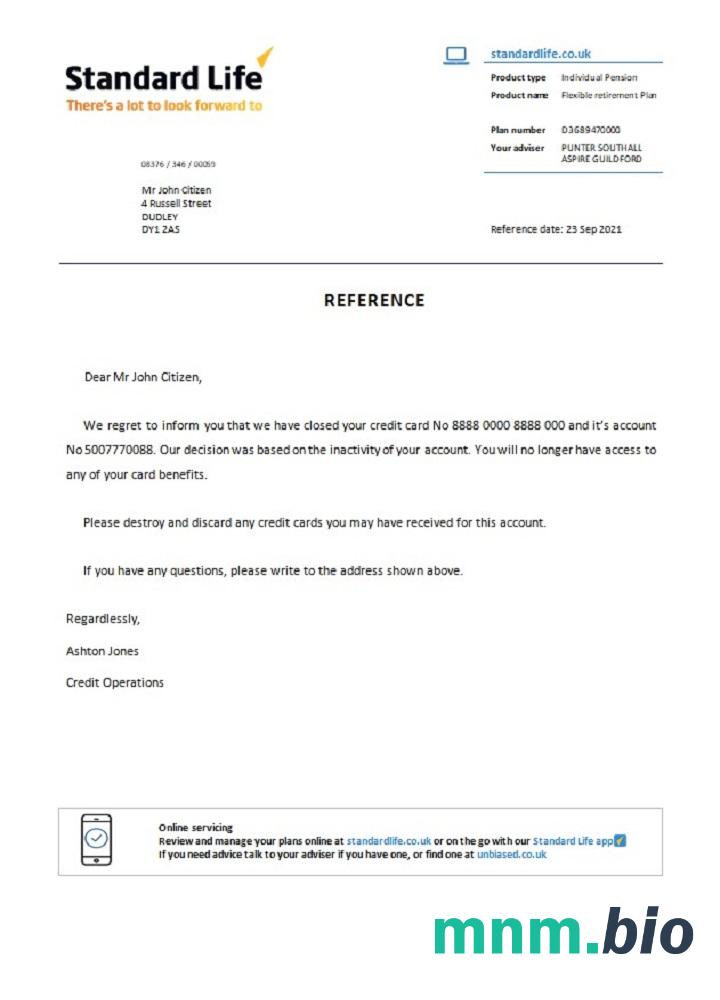Przykład odniesienia do standardowego zamknięcia życia w Wielkiej Brytanii w formatach Word i PDF
